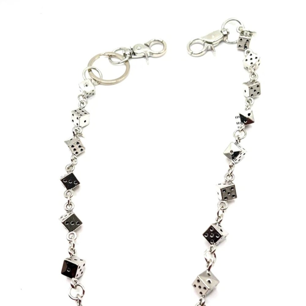 Single Layer Multi Dice Silver Tone Pants Or Wallet Silver Tone Chain 23 Inches - Picture 5 of 9